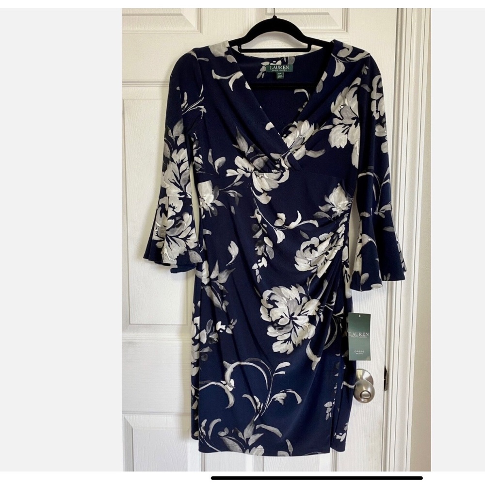 LAUREN Ralph Lauren Navy Floral Bell Sleeve Ruched Dress